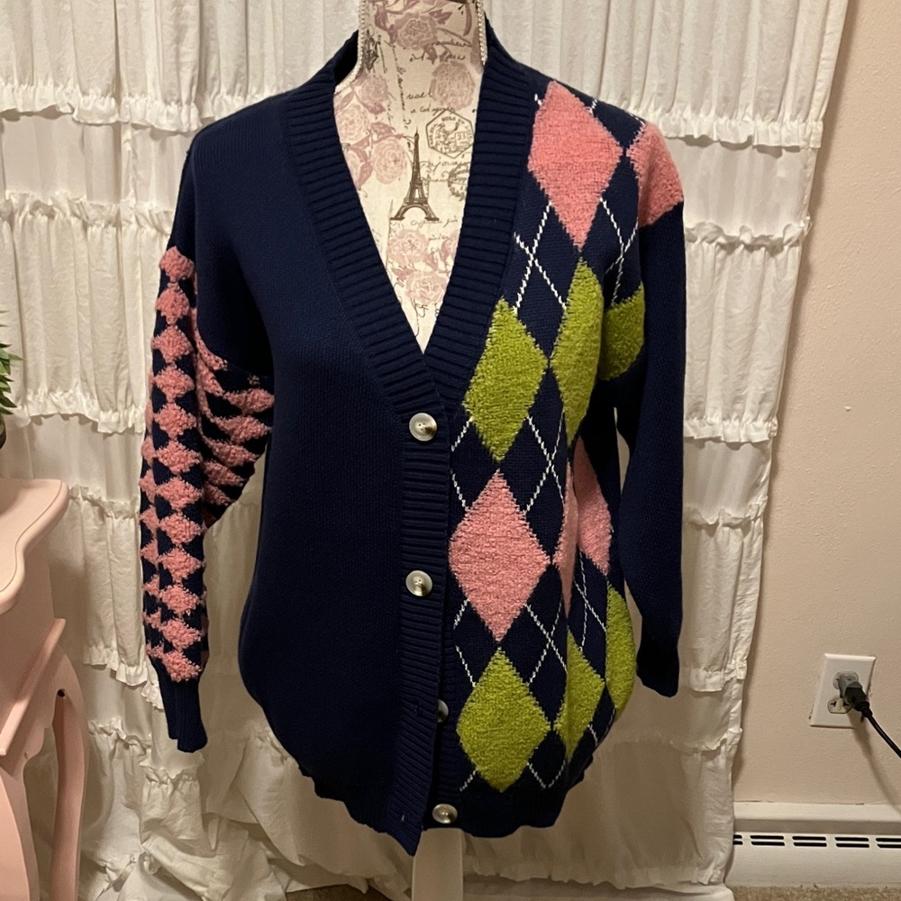 SIMPLY SOUTHERN Navy Cardigan with Pink and Green Argyle. Size Small. OVERSIZED. - Picture 2 of 9
